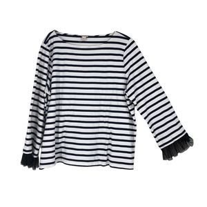 J. Crew Black & White Striped Popover Blouse w/Sheer Blk Lace Cuffs, frilly XXL